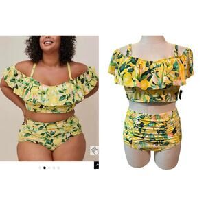 Torrid Plus Size 2 Lemon Print Yellow Two Piece Bikini Swimsuit Top & Bottoms 2X